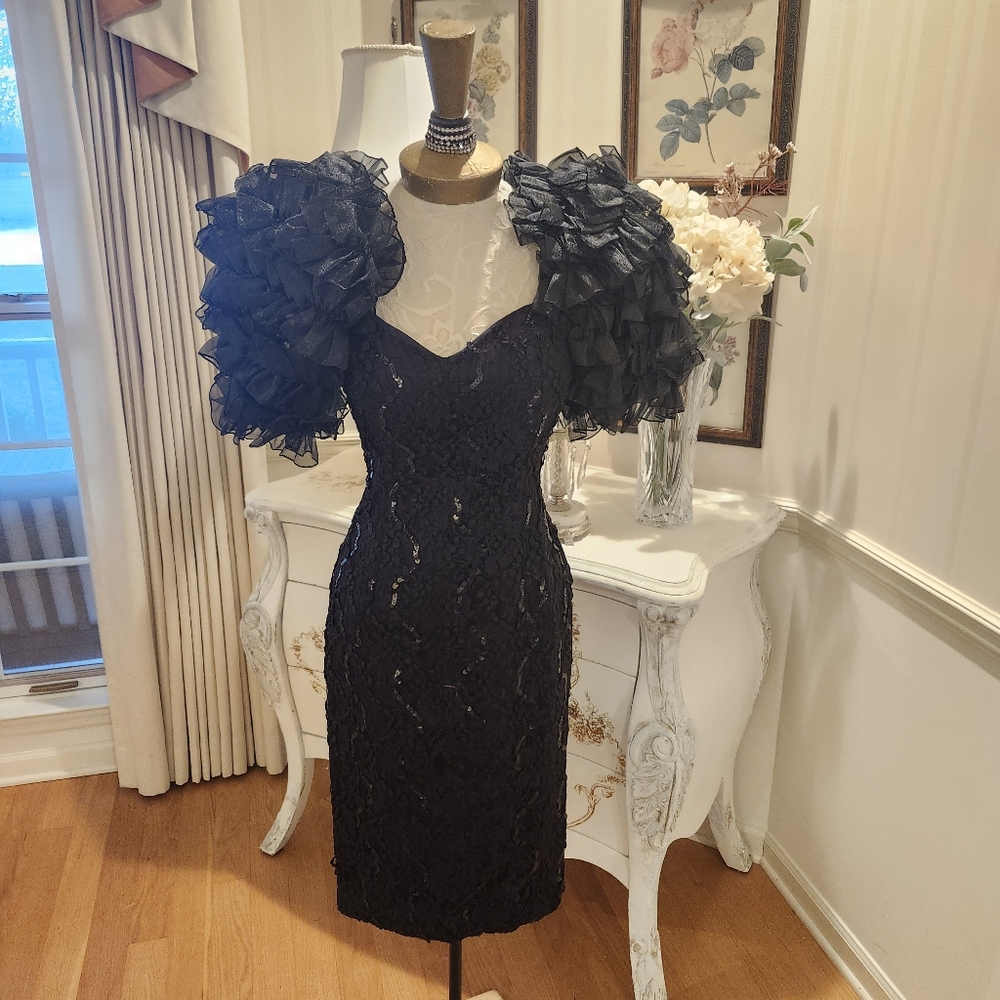 Vintage Cache Hollywood 40's Style Glamour Black Sequin Lace Dress 10